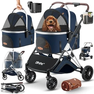 Afbeelding van LOVPET® Hondenwagen 3in1 hondenbuggy, hondenbox transporttas, 360 graden grote wielen opvouwbaar huisdieren buggy met netvensters en regenbescherming, jogger kattenbuggy voor kleine honden/katten
