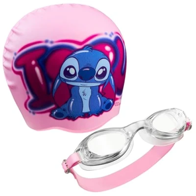 Afbeelding van Disney Set van duikbril en zwembadmuts voor meisjes, met uv bescherming (roze stitch, 6 14 jaar)