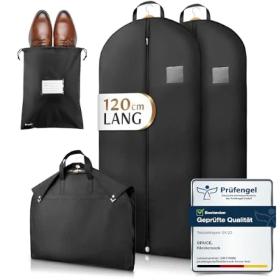 Afbeelding van Bruce.® 2x Premium Kledingzak incl. Schoenenzak [120x60cm] geoptimaliseerde materiaaldikte van 120 gsm Hoogwaardige Kledinghoes voor pak, jasje en jurk Ademende pakzak op reis
