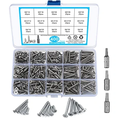 Afbeelding van 400 stuks zelftappende schroeven assortimentset, roestvrij stalen verzinkkop Torx zelfboorschroeven, hout droogbouwschroeven met boor M3 / M3,5 M4, 12 mm 16 20 25 30 35