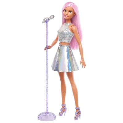 Afbeelding van Barbie Popsterpop in regenboogkleurige rok met microfoon en roze haar, cadeau voor kinderen van 3 7 jaar, JCW42