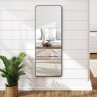 Afbeelding van Americanflat 55 x 150 cm, zwart, volledige lengte, spiegel voor muren, lange slaapkamer en grote wandspiegel woonkamer, met aluminium frame, full body ophangmateriaal