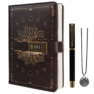 Afbeelding van TIEFOSSI Dagboek met Slot, Tree of Life Vintage Journal Slot voor Vrouwen Mannen, A5 Navulbaar Notitieboek om te Schrijven, 224 Genummerde Pagina&#039;s