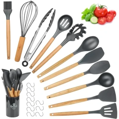 Afbeelding van hicoosee Keukenhulpset, 22 delige set keukengerei met S haken, BPA vrij, kookbestekset houten handvat en gat om op te hangen, donkergrijs