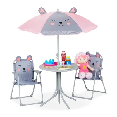 Afbeelding van Relaxdays tuinset kinderen, kinderzitgroep met parasol, muis design, tafel &amp; kinderstoelen, camping tuin, grijs
