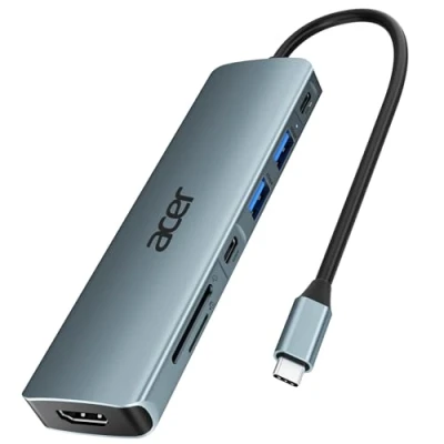 Afbeelding van Acer USB C Hub, 7 in 1 naar HDMI Splitter, 2 3.1 GEN1 en 5Gbps Type Datapoort, 4K poort, PD 100W opladen, SD kaartlezer, voor iPad Pro MacBook Laptops meer