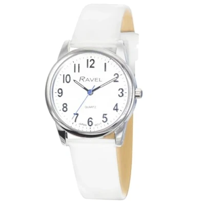Afbeelding van Ravel Plus Unisex alledaags horloge met extra lange levensduur en een lederen band van microvezels Japanse analoge kwarts RP006L Wit/Zilverkleurig/Witte Wijzerplaat