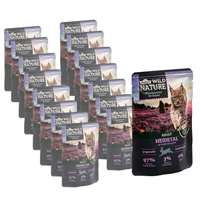 Afbeelding van Dehner Wild Nature Kattenvoer Heidetal, natvoer zonder granen, suikervrij, voor volwassen katten, konijnen/kip, 16 x 85 g zak (1,36 kg)