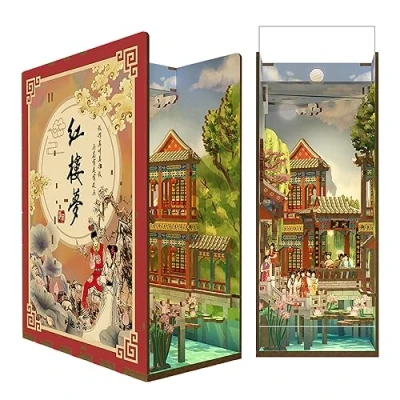 Afbeelding van Tonecheer DIY Book Nook Kit, 3D puzzel van hout, poppenhuis, miniaturen om te bouwen, modelbouw voor volwassenen, creatieve decoratie de boekenplank met ledlicht (droom Red Mansions)