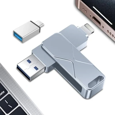 Afbeelding van USB stick voor iPhone, Mfi Certified Lightning extern geheugen, Pen Drive, stick, 4 in 1 iPad, IOS, MacBook, Android, PC (grijs, 256 GB)