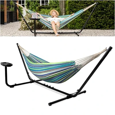Afbeelding van Vita5 Hangmat met Standaard 2 Persoons Incl. Bekerhouder 205kg Draaggewicht Groen/Blauw
