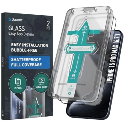 Afbeelding van Deppa [2 Stuks] Screen Protector voor iPhone 15 Pro Max (6.7&#039;) Schermbeschermer, 9H Gehard glas Volledige dekking met sjabloon installatie [Bubble Free]