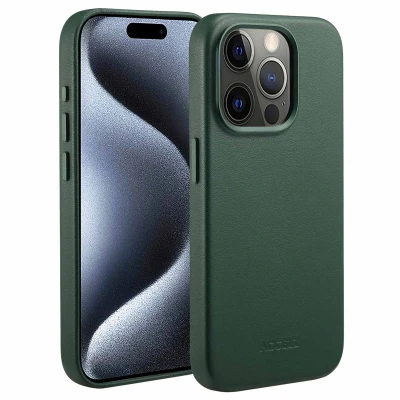 Afbeelding van Apple iPhone 15 Pro MagSafe Hoesje Echt leder Accezz Backcover Donkergroen Telefoonhoesje