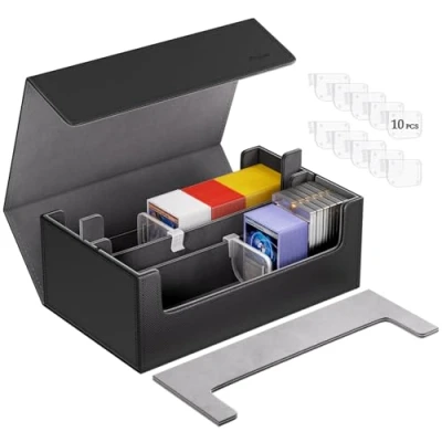 Afbeelding van ProCase Deck Box Magic 2 sleuven, kaartenbox, afdekhouder met verstelbare scheidingswanden, dekhouder voor MTG, TCG, toploader, Yugioh, sportkaarten zwart grijs