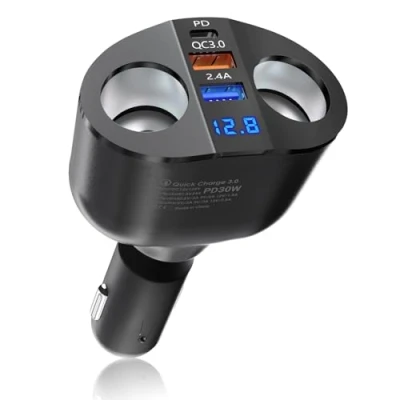 Afbeelding van Qidoe PD USB C Autolader 120W: Multi Poort Sigarettenaansteker Splitter Adapter 12V Autostekker 2 weg stopcontact 12 volt DC met LED voltmeter voor Samsung Telefoon GPS Dash Cam Stoelverwarming