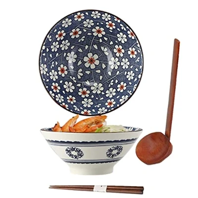 Afbeelding van Ramenkom, porseleinen Japanse kom, noedelsoepkom, Ramenkomset, Ramenkom met lepel eetstokjes, van keramiek (E)