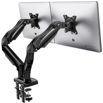 Afbeelding van HUANUO Monitorhouder voor pc, 2 schermen van 13 tot 27 inch, arm pc monitor met gasveer, platte gebogen schermen, VESA 75 x 75/100 100 mm