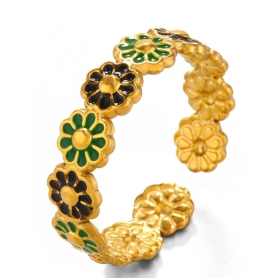 Afbeelding van Ring met Bloemen RVS One Size Goudkleurig Zwart/Groen