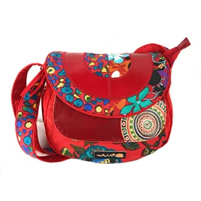 Afbeelding van Macha etnische katoenen tas met kleurrijke prints en lederen inzetstukken, schoudertas voor vrouwen, Indiase kleurrijke, Rood, Length: 30 cm Height: 23 Gusset 8