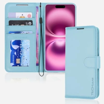 Afbeelding van TECHGEAR iPhone 16 lederen portemonneehoesje, flip beschermhoes met portemonnee kaarthouder, standaard en polsband lichtblauw PU leer magnetische sluiting voor 6,1 inch