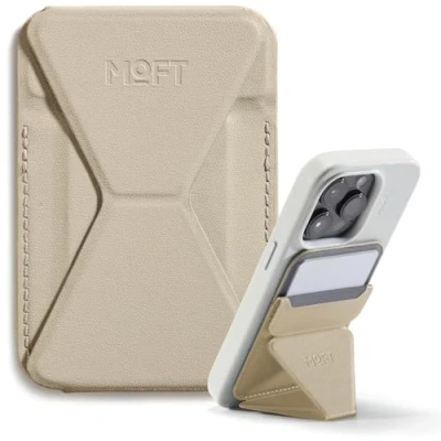 Afbeelding van MOFT Mova magnetische portemonnee standaard voor iPhone 16/15/14/13/12 serie, compatibel met MagSafe, veganistisch leer, telefoonstandaard 3 kijkhoeken, 2 kaarthouders (aarden