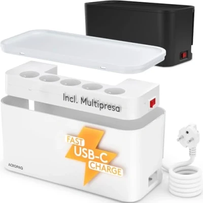 Afbeelding van ACROPAQ Kabelbox inclusief stekkerdoos en USB lader 5 x Type E AC stopcontacten + 1 C 2 A, Met schakelaar Opbergbox, Snellader Iphone Samsung, Kabel organiser