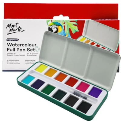 Afbeelding van MONT MARTE Aquarel Set Signature 13st, Levendig, Meerkleurig met Doorschijnende Afwerking, Mengputten &amp; Hervulbare Ronde Verf