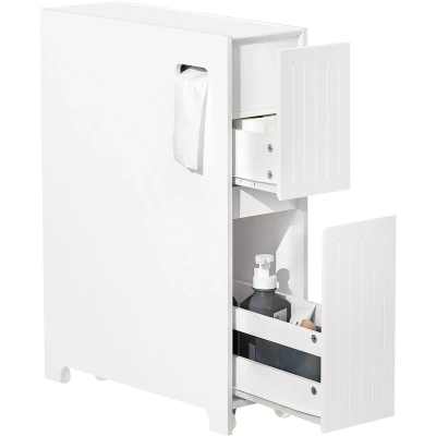 Afbeelding van SoBuy Lage Kast, Staande Smalle Opbergkast, Badkamer Badkamerkast, Toiletkast, Ondersteuning Papier Toilette met 1 Deur, 2 Lades en Open Plank, 60x20x75 cm, Wit, BZR111 W