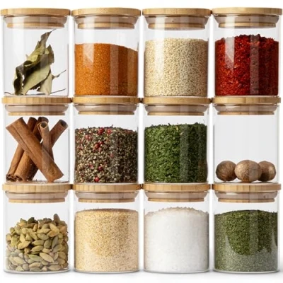 Afbeelding van KIVY Kruidenpotjes Bamboe [12 x 150ml] Stapelbare Glas glazen Voorraadpotten Set Spice Jars kruiden organizer voorraadbussen potjes voorraaddozen thee
