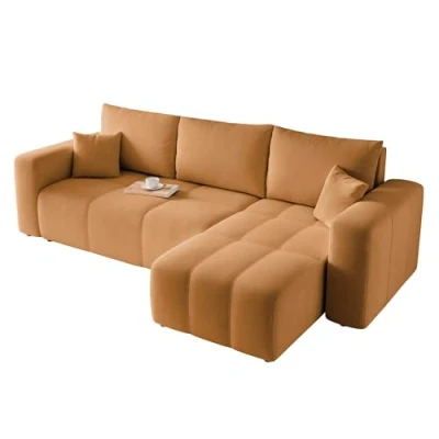 Afbeelding van GREKPOL Sofa met slaapfunctie, 145 x 248 cm, hoekbank slaapfunctie en bedlade, 3 zits, slaapbank mosterdgeel