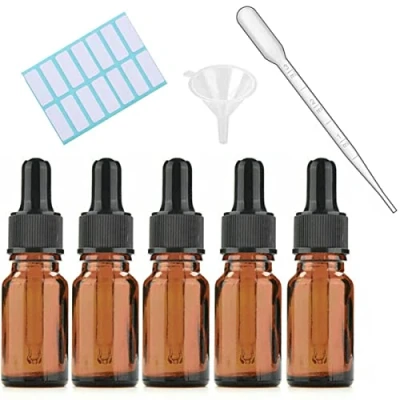 Afbeelding van SKYPRO 5Pcs Amber Glas Druppelflesjes Met Zwarte Caps, Gemeten Pipet, Trechter en Etiketten; 5ML Glazen Oogdruppelflesjes voor Essentiële Olie Pipet Hervulbaar