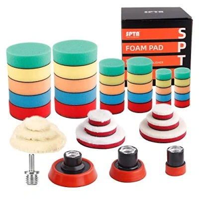 Afbeelding van SPTA Polijstspons Set, 43 Stuks 30mm, 50mm, 80mm Polijstpads, Wol Polijstschijven, Auto Sponzen Pads Polijst met Achterplaat Dille Adapter, voor accuschroevendraaiers, Polijstmachine, Slijpen en Waxen