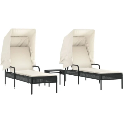Afbeelding van vidaXL Ligbedden 2 st met luifels en tafel poly rattan zwart