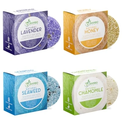 Afbeelding van Solid shampoo Bar en conditioner effect, haarzeep, 4 stuks, natuurlijke bars voor haar met plantaardige etherische oliën milieuvriendelijke zero waste, biologisch afbreekbare verpakking