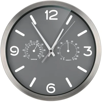 Afbeelding van Bresser MyTime ND radiogestuurde wandklok met geruisloos uurwerk, roestvrijstalen frame en weergave voor temperatuur luchtvochtigheid, grijs, 250 x mm