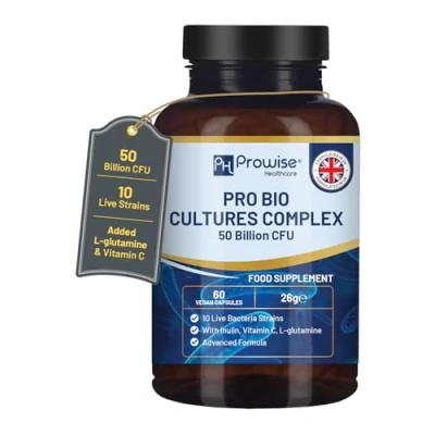Afbeelding van Bio Cultures Complexe probiotica en prebiotica 50 miljard KVE 10 levende bacteriestammen toegevoegd met inuline, L glutamine vitamine C 60 capsules van Prowise