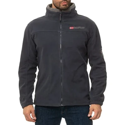 Afbeelding van Geographical Norway Heren fleecejack met verborgen capuchon functionele fleece overgangsjas volledige rits sweatshirt opstaande kraag outdoor wandelen trekking bans productie, marineblauw