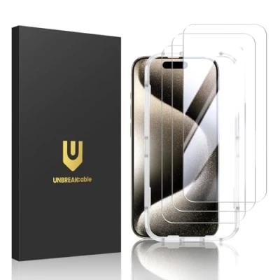 Afbeelding van UNBREAKcable Displaybeschermfolie van gehard glas voor iPhone 15 Pro 6,1 inch met installatieframe, krasbestendig, luchtbelvrij, hardheidsgraad 9H, 3 stuks