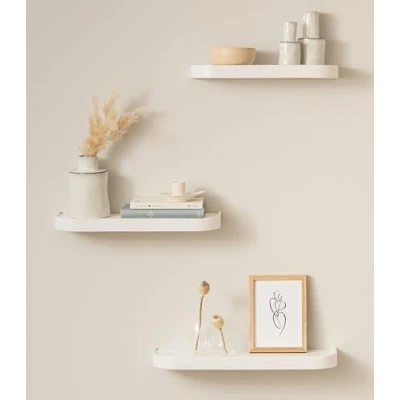 Afbeelding van Kazai.® Wandplank Set &#039;Neva&#039; 3 zwevende wall shelves in echt houtfineer Floating shelf als wanddecoratie en opbergruimte voor badkamer, woonkamer, keuken, slaapkamer meer Wit