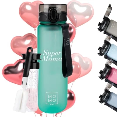 Afbeelding van MOMO WAY Super Mama Drinkfles, 1 liter, BPA vrij, Tritan, waterfles voor beste mama, grappige cadeaus vrouwen, verjaardagscadeau, turquoise
