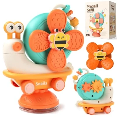 Afbeelding van XUNIVERS Speelgoed Slak Baby Spinner Zuig Cup Hoge Stoel, Montessori Sensorisch Wakker 1 jaar oud, Wake Up Baden Gift Jongen en Meisje Verjaardagscadeau