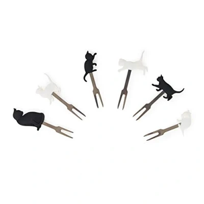 Afbeelding van Legami Set van 6 vorken voor aperitief, herbruikbaar, duurzaam, geschikt fingerfood, 3,4 x 9 cm, katten