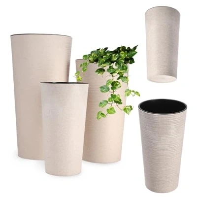 Afbeelding van KADAX bloempot met houtspaanders, elegante uitneembare inzet, bloempotbescherming voor kantoor, bloembak, tuinschaal (3 delige set: 19/25/30 cm, crème)