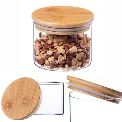 Afbeelding van KADAX Glazen container met bamboedeksel, vaatwasmachinebestendige voorraadpotten, luchtdichte voorraaddozen, opbergglas, opbergdoos voor spaghetti, meel, muesli of koffie (rond, 550 ml)