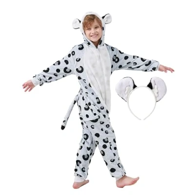 Afbeelding van corimori Wollig sneeuwluipaardkostuum voor kinderen met haarband carnavalskostuum onesie meisjes jongens lichaamslengte 110 130 cm