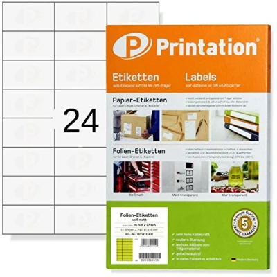 Afbeelding van Printation Folie etiketten, 70 x 37 mm, waterdicht, mat, wit, zelfklevend, 3x8, 240 stickers, 10 A4 vellen, 24 zelfklevende etiketten om te bedrukken per vel kleeffolie, bedrukbaar, met