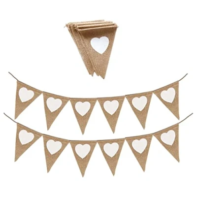 Afbeelding van Borsgye 13 vlaggen jute vlaggenlijn banner driehoek vlag wimpel partij verstelbare doe het zelf decoratie voor verjaardag afstuderen babyshower bruiloft camping feest 2 stuks wit hart