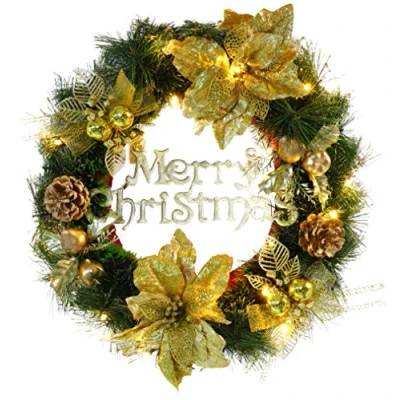 Afbeelding van Christmas Concepts® 40cm voorverlichte goud versierde kerstkrans met LED verlichting