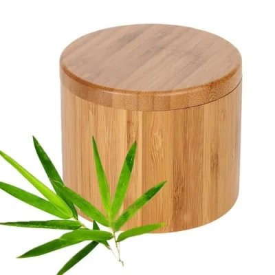 Afbeelding van zoutdoos, kruidenbewaardoos, zouthouder, kruidenglas hout, natuurlijk bamboe opbergdoos met magnetisch zwenkdeksel voor het opbergen, keukenkruiden (rond)