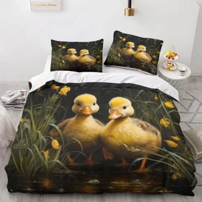 Afbeelding van Dekbedhoes met gouden verenwarmte, verborgen rits, kleine eendje dekbedovertrekset kussenslopen, beddengoedset, zachte microvezel, dekbedovertrekset, verschillende maten voor kinderen en